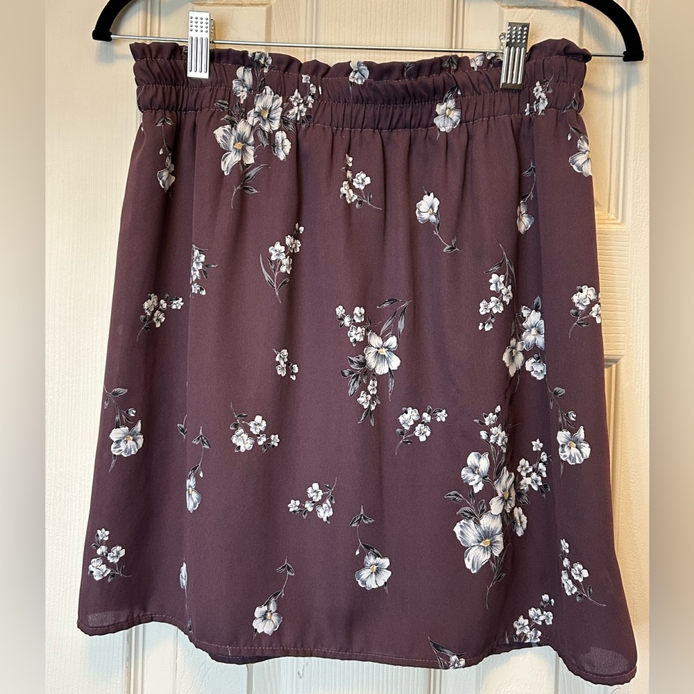 Purple Floral Mini Skirt Summer Business Casual Work Attire Stretchy Waist Sz M